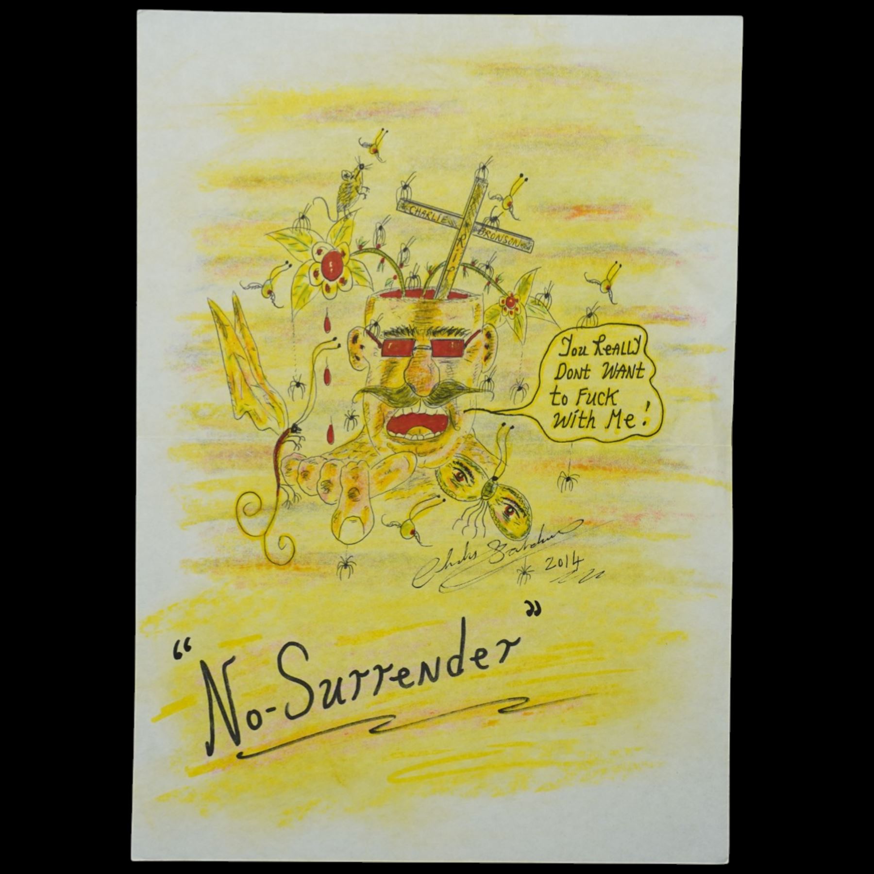 Charles Bronson (Charles Arthur Salvador) (British 1952-): A comprehensive collection of five hundred mixed media works executed between 2000 and 2025. Produced during the artist’s long-term incarceration, the works are primarily in ink, coloured pencil and mixed media on paper. The collection includes multiple formats: A5 (15 works), A4 (308 works), A3 (164 works) and A2 (13 works). Some are signed and dated; a number are executed on the reverse of official prison documents and other repurposed materials, reflecting the limited availability of art materials within the prison environment. This collection represents the largest body of the artist’s work to be offered as a single lot and has not previously been available on the market. (500) (unframed)

Notes: Dated examples span the period from 2000 to 2025, with the greatest concentration produced between 2012 and 2019 and including a group of recent large-scale works from the final years of the period; approximately twenty percent are undated.