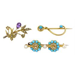 Early 20th century 9ct gold turquoise treble clef pin by Murrle Bennett & Co, 15ct gold turquoise and pearl brooch and a 9ct gold amethyst and seed pearl swallow brooch