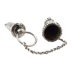 Edwardian silver whistle by William Hornby, London 1902, the metal interior stamped Huloons patent and a Victorian silver whistle, in a silver reeded case by Joseph Jennens & Co, Birmingham 1863