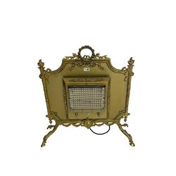 Louis XVI design gilt metal electric fire, garland pediment, cartouche apron with flanking swags, raised on hairy hoof feet (W73cm, H76cm); together with a 20th century carved wood wall mirror, the frame decorated with trailing vine leaf and grapes, bevelled plate (70cm x 45cm)