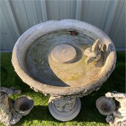 Pair of cast stone girl and boy ornaments,  and similar bird bath - THIS LOT IS TO BE COLLECTED BY APPOINTMENT FROM DUGGLEBY STORAGE, GREAT HILL, EASTFIELD, SCARBOROUGH, YO11 3TX