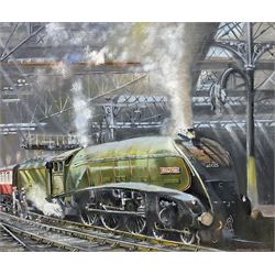 Bernard Whitaker (British 20th century): Falcon Steam Train Departing Station, oil on board signed 46cm x 54cm