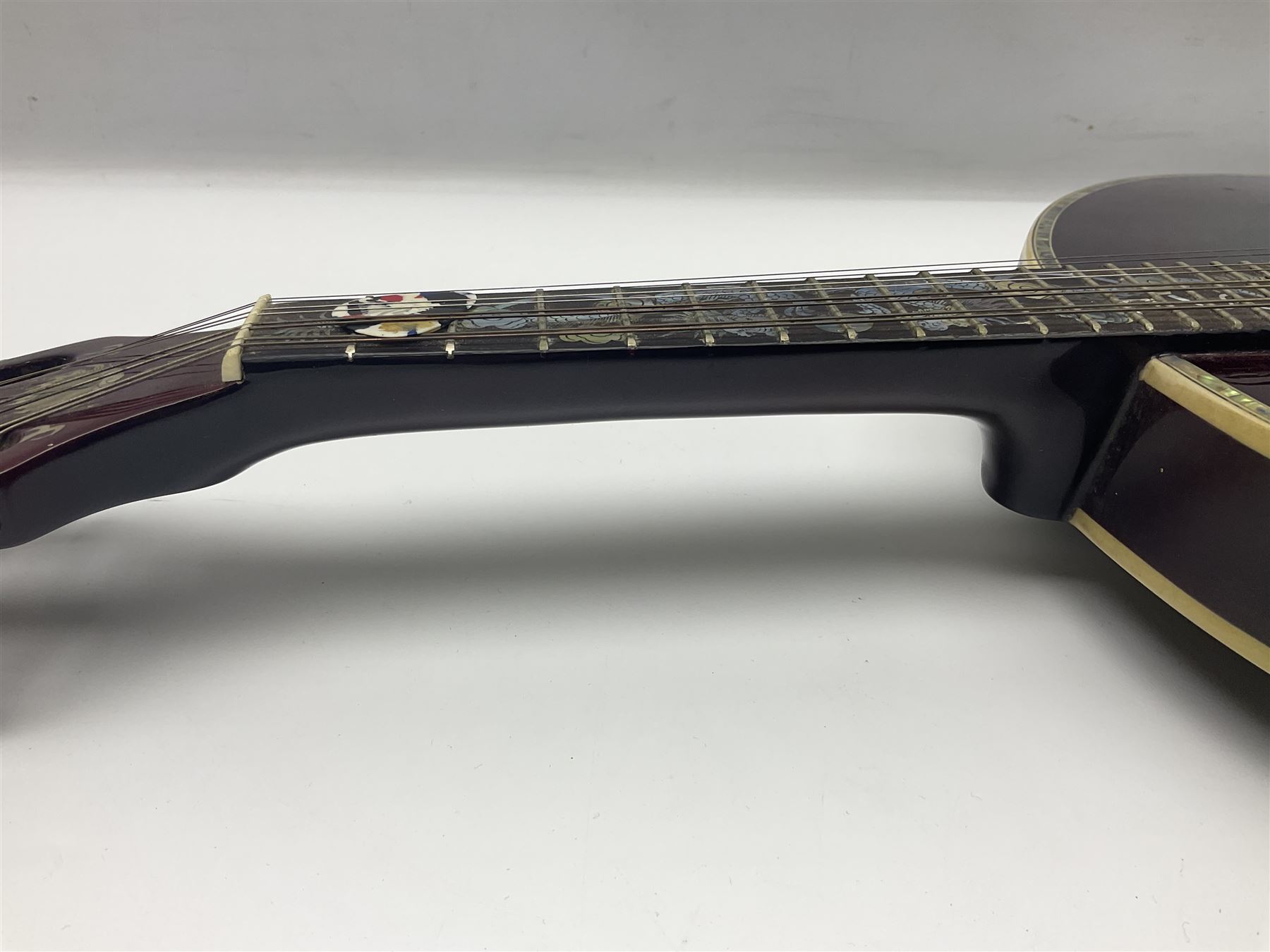 Chinese F-hole eight-string mandolin with sunburst finish, mother-of-pearl inlay of dragons chasing the flaming pearl and dragon carved headstock L71cm