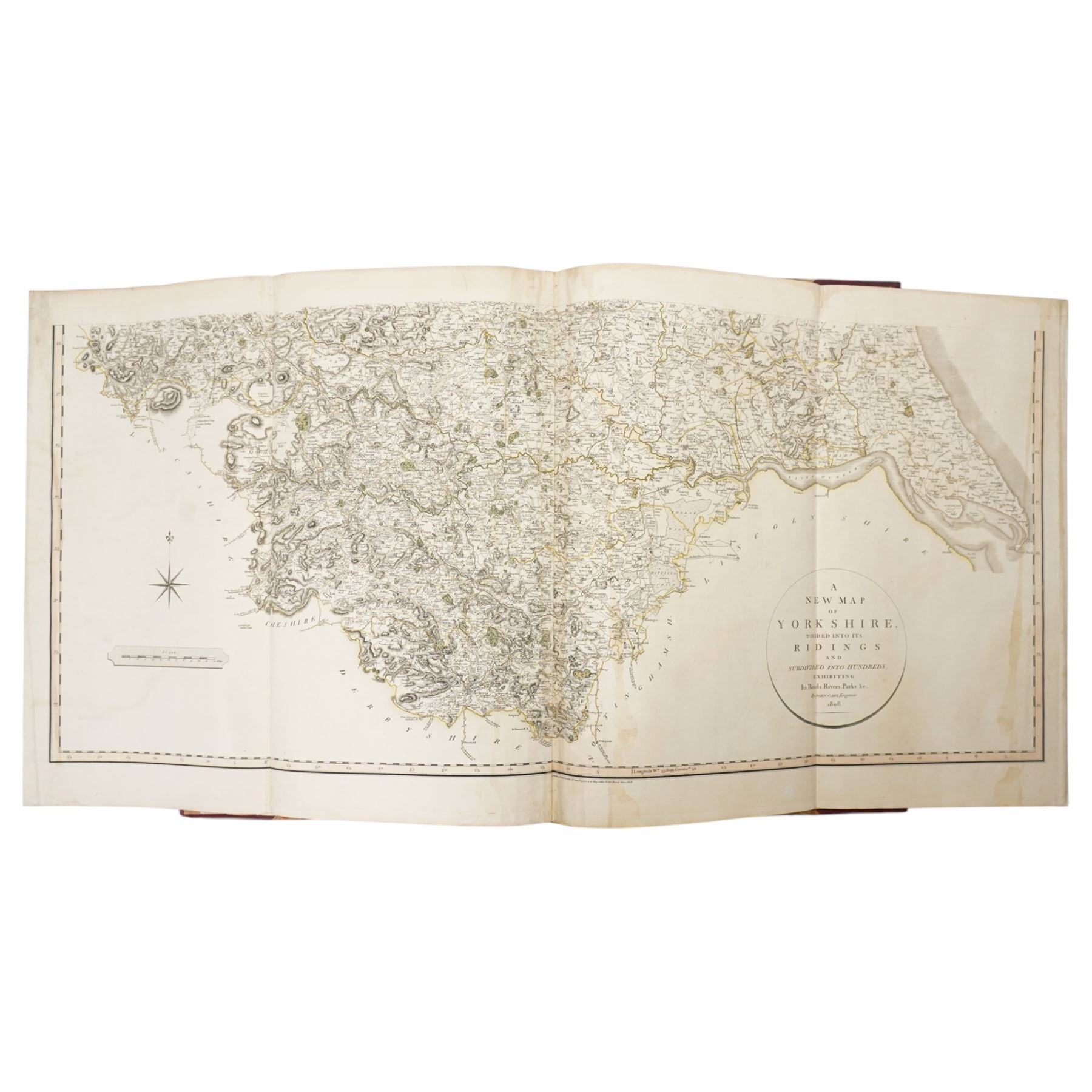 John Cary (British 1755-1835): 'Cary's New English Atlas; A Complete Set of County Maps from Actual Surveys', comprising general map of England & Wales, 46 engraved county maps with contemporary hand-colouring, complete with index, pub. J. Cary, London 1809, rebound in half calf with marbled boards 57cm x 37cm