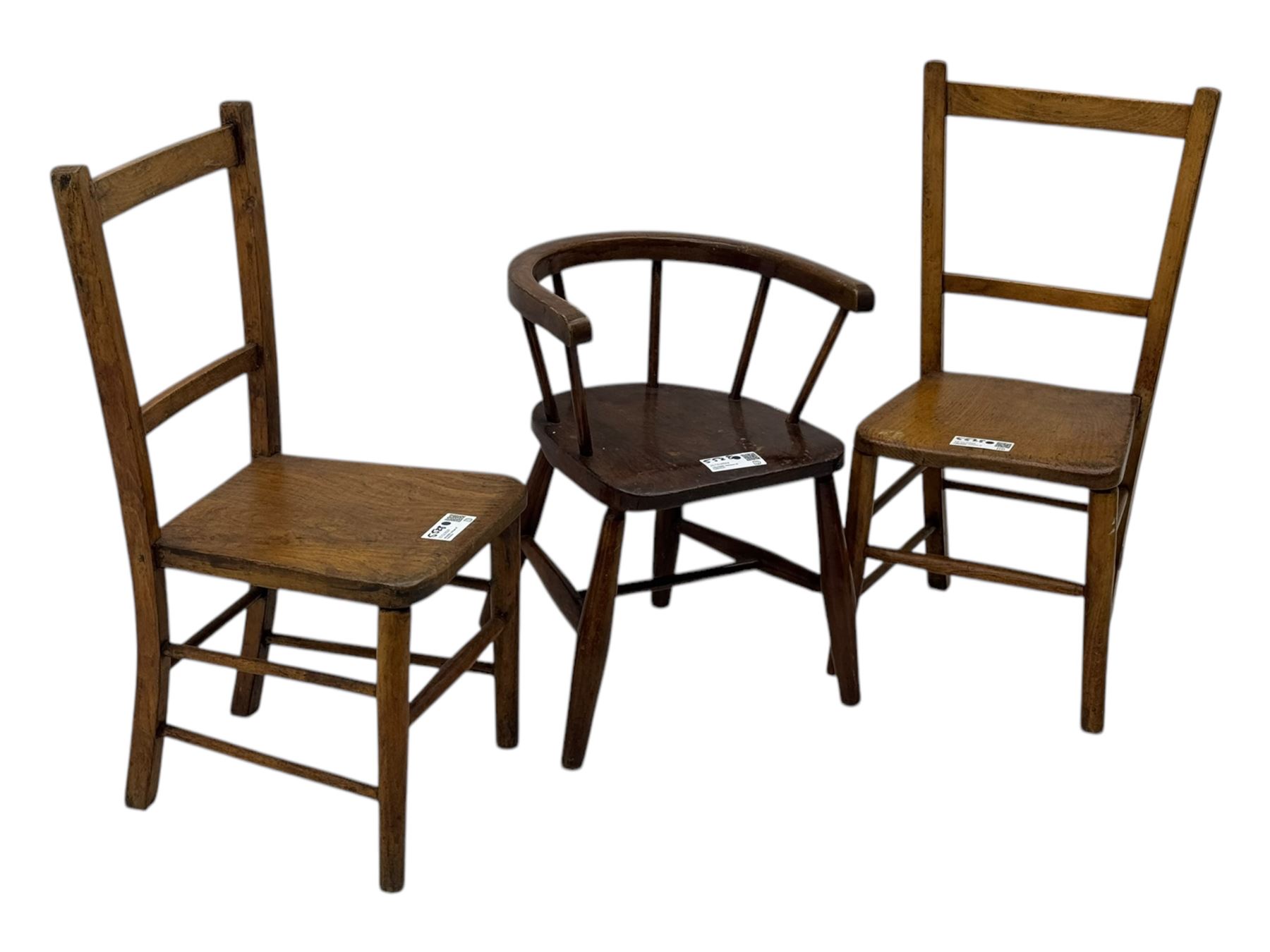 Pair of Victorian mahogany balloon back dining chairs (W49cm); 20th century oak drop-leaf dining table (W92cm); three small children's chairs (6)