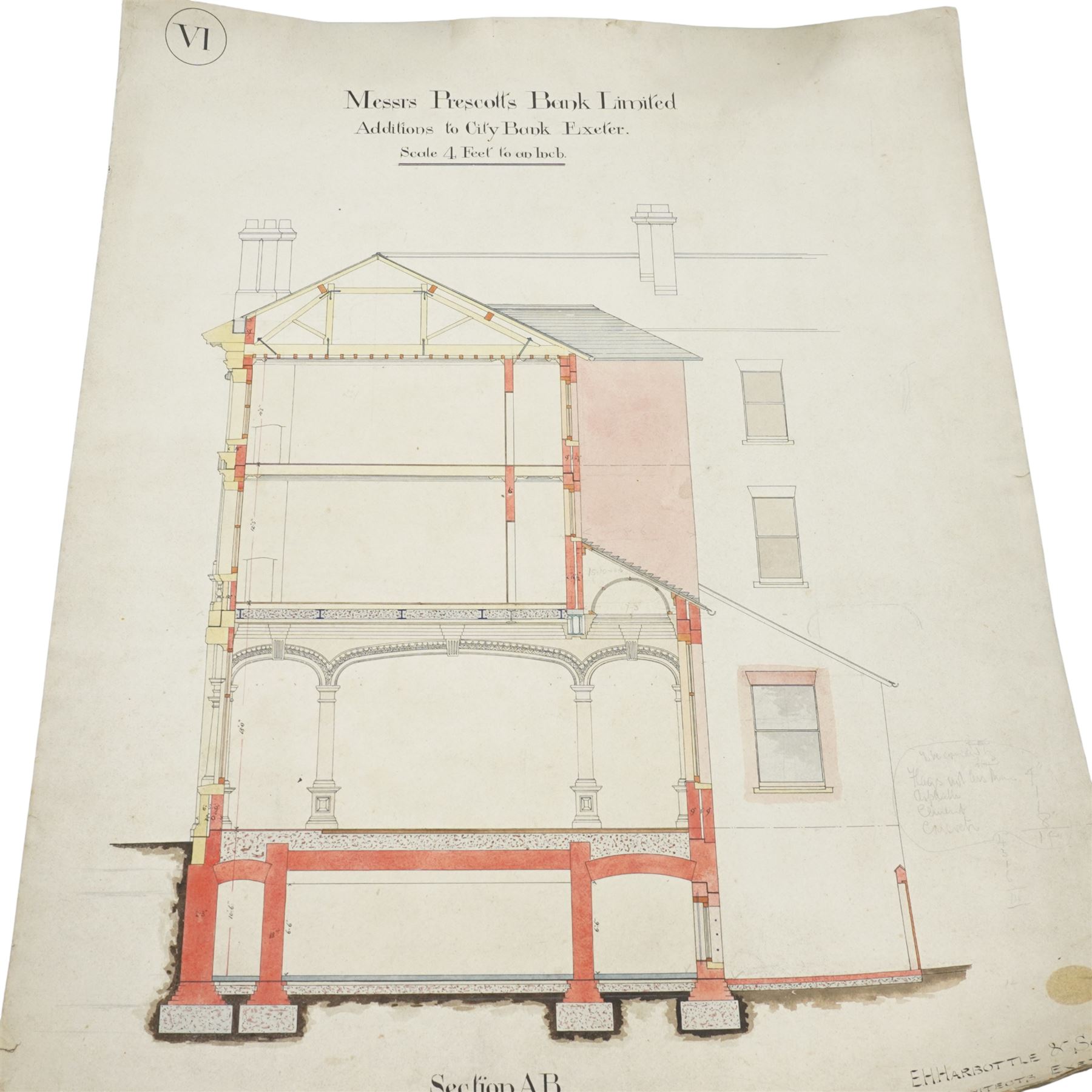  E H Harbottle & Sons Architects, Exeter - Set of architects drawings for additions to Prescott's Bank Ltd, Exeter mostly scale of 4ft to 1 inch