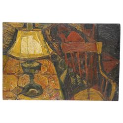 John Gilbey Bowles ARCA (British 1929-2011): Still Life 'No.1 Cottage Interior' with Lamp and Chair, oil on board signed, inscribed verso 60cm x 91cm (unframed)
Notes: exhibited at Guildhall Art Gallery, London