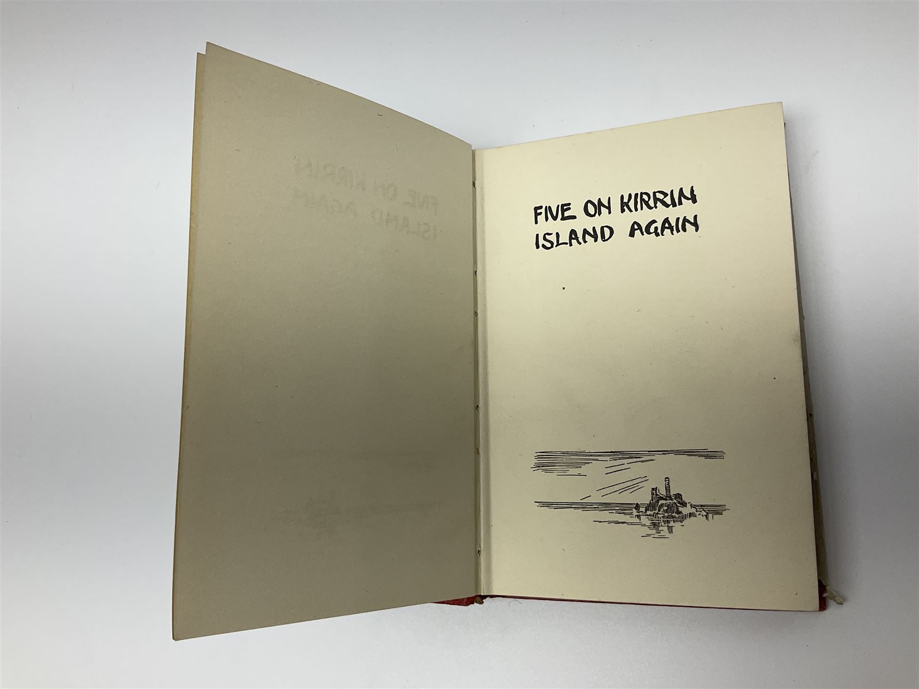 Blyton Enid: Five on Kirrin Island Again, first edition, Hodder & Stoughton, 1947, colour frontispiece, tinted plates and plain illustrations to text, pictorial endpapers, original red boards lettered in black in dust jacket (6/-, with telescope the wrong way round)