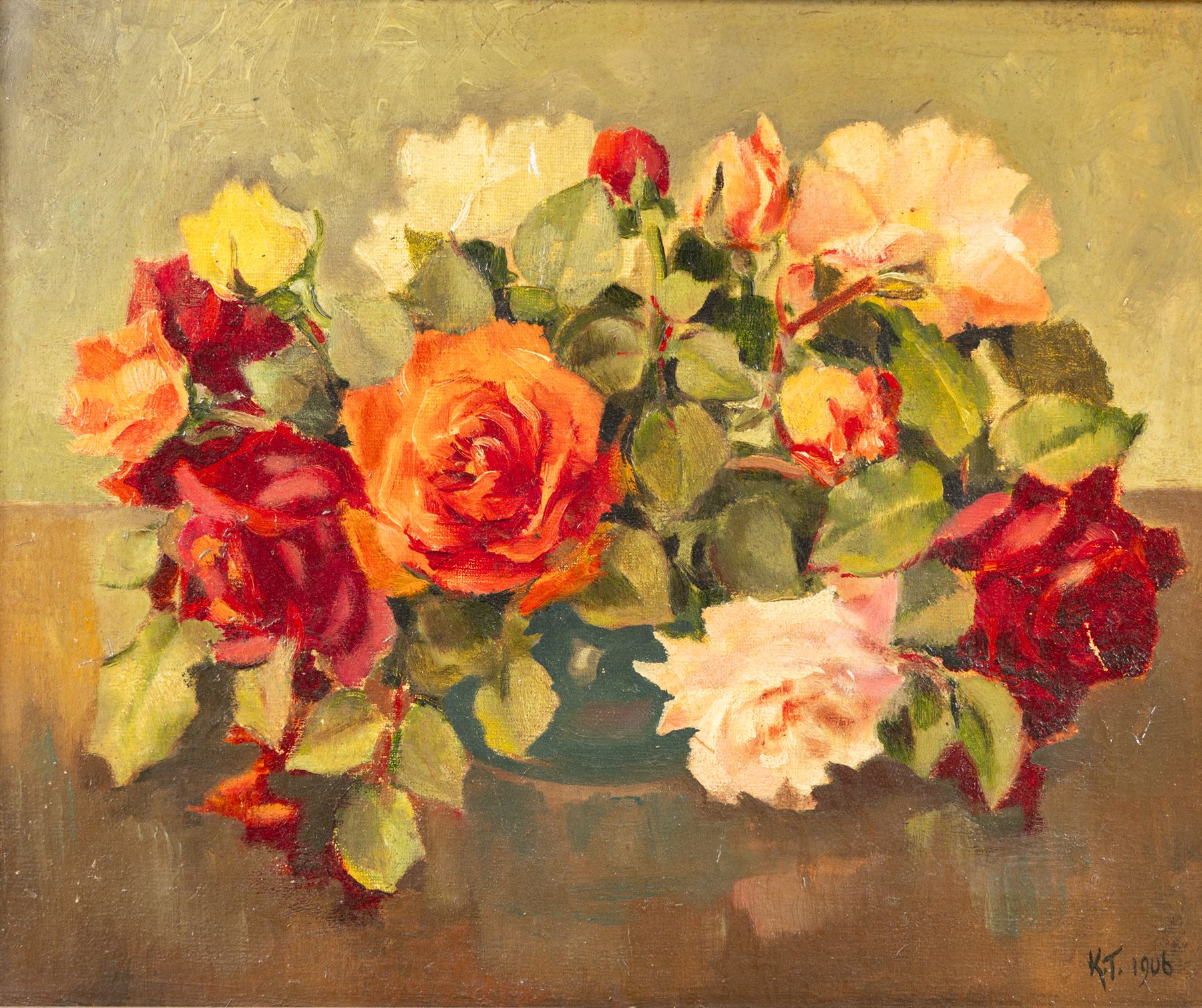 Mary Goudie Simpson (British 1869-1934): 'Vegetable Stall - Bruges', gouache signed, titled verso; Jean Fletcher (British 20th Century): 'St Anne's Square', mixed media signed and dated '95; together with two still lifes, oils on board signed K T and L I Warburton one dated 1906 max 45cm x 45cm (4)