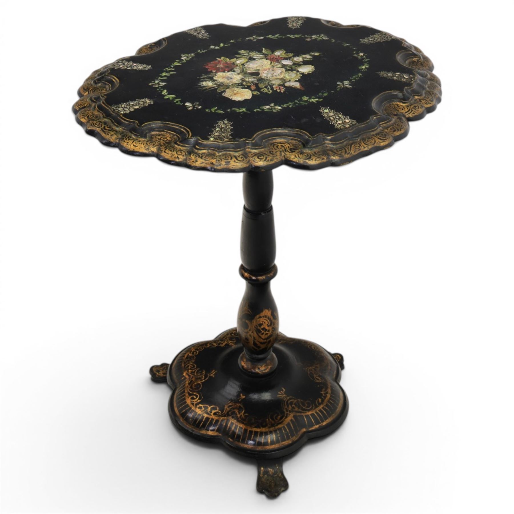 Victorian papier mache table, tilt top with painted decoration and mother of pearl inlay, raised on a baluster column shaped base terminating in pad feet