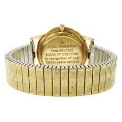 Longines gentleman's 9ct gold manual wind presentation wristwatch, Cal. 420, silvered dial with baton hour markers and subsidiary seconds dial, London 1965, on expanding gilt bracelet