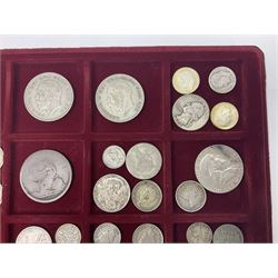Great British and World coins including King George V 1935 crown, various silver three pence pieces, United States of America 1944 quarter dollar etc, housed in a coin tray
