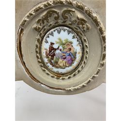 French style painted kidney shaped dressing table with three shaped swing mirrors, single centre drawer inset with Limoges style porcelain plaque, flanked by two short drawers, shaped supports, together with matching stool (W62cm, H48cm)