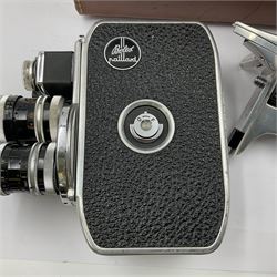 Paillard Bolex D8L STD 8mm cine camera body, serial no. 831223, with 'Paillard Switar 1:1.8 f=36mm AR' lens, serial no. 769123, Paillard Yvar 1:1.8 f=13mm AR' lens, serial no. 782154 and Paillard Pizard 1:1.9 f=5.5mm AR' lens, serial no. 717045, in leather carry case