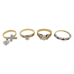 Two gold single stone diamond rings, sapphire and diamond half eternity ring and a diamond cross and heart ring, all 9ct