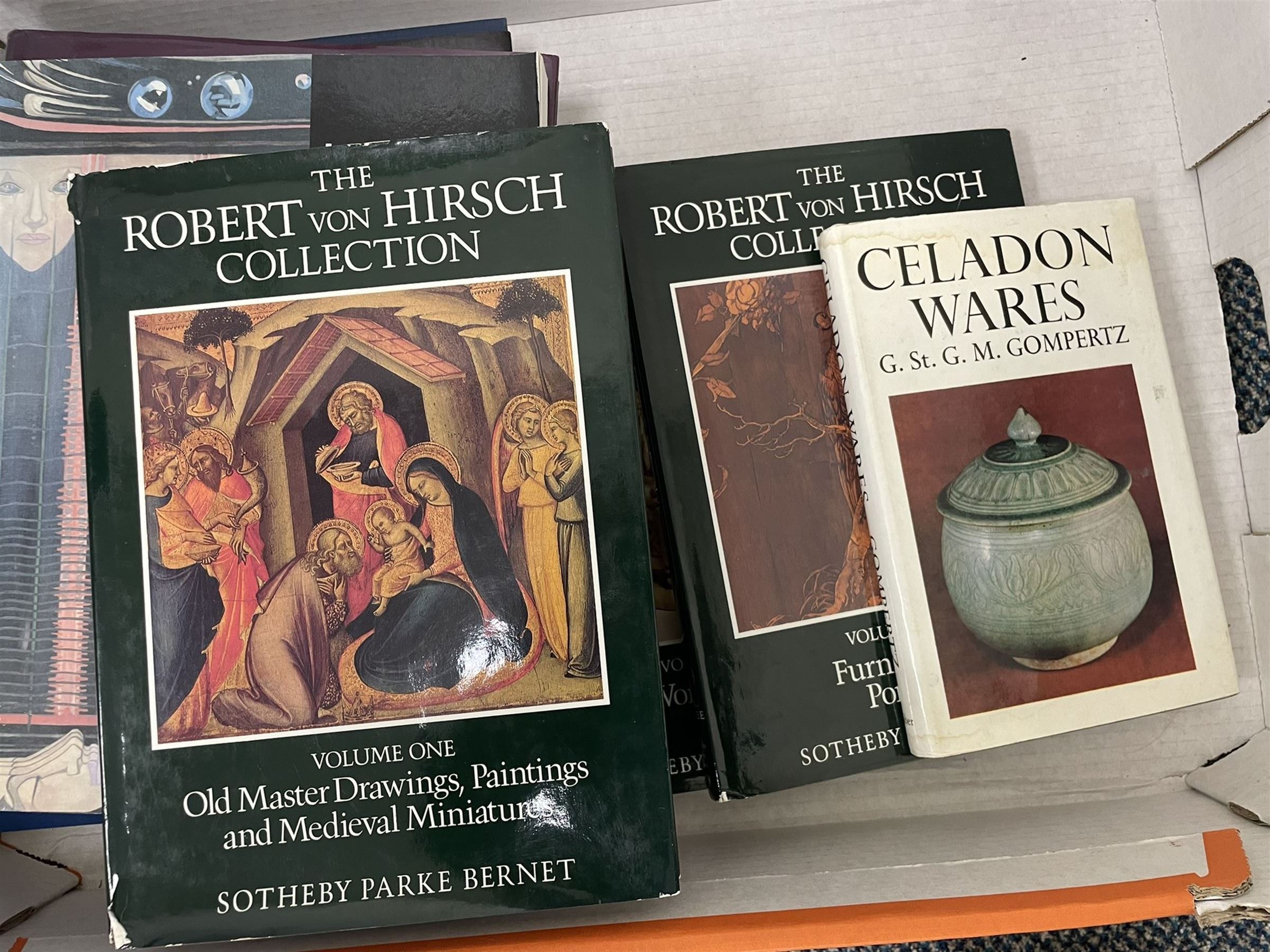 Box of antiques reference books - including Robert von Hirsch Collection catalogues; 'Glasgow Girls' Ed. by Jude Burkhauser; 'Blue & White, Chinese Porcelain Around the World' by John Carswell; Porcelain for Palaces, The Fashion for Japan In Europe', Celadon Wares; etc.