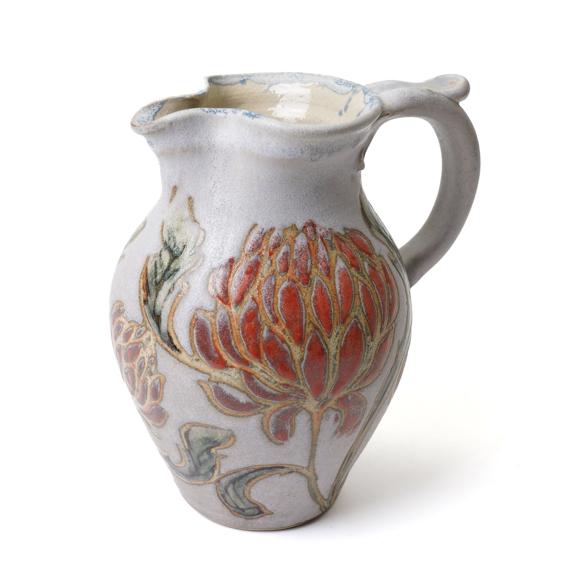 John Egerton (c1945-2024): studio pottery jug, decorated with artichoke on a blue ground, with mark beneath, H22cm 