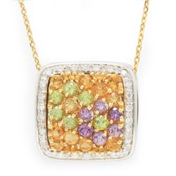 18ct gold multi gemstone set flower pendant necklace, white gold pendant pave set with citrine's, peridot's and amethyst's, surrounded by white sapphire's, on a yellow gold trace link chain necklace, both stamped