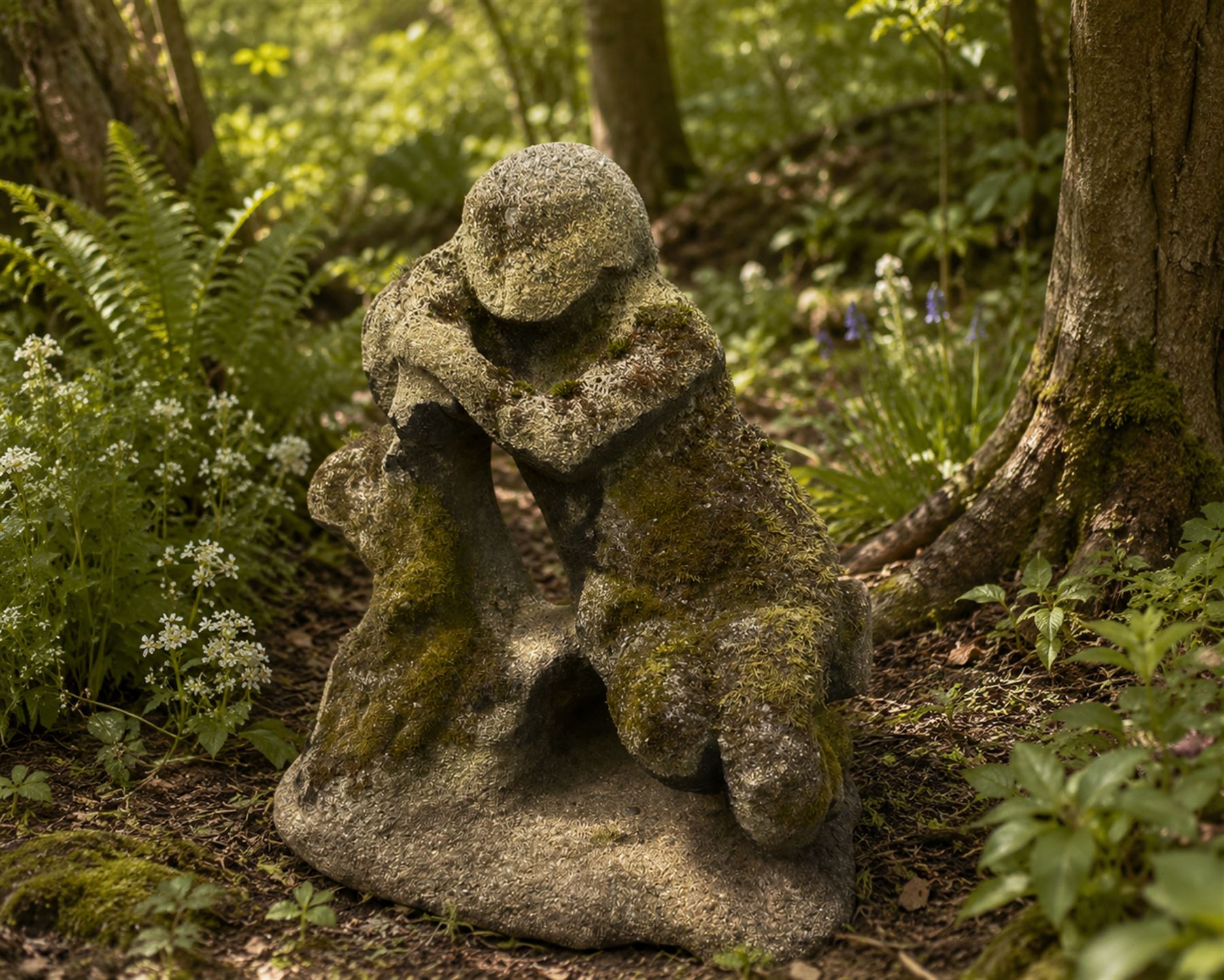 Carved composite stone garden figure, depicting a seated child with folded arms, weathered finish with moss and lichen growth, raised on an integral naturalistic base