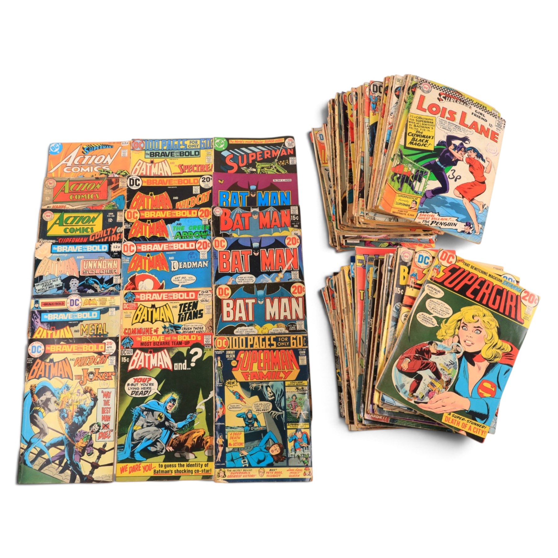 Collection of Bronze Age and later DC superhero comic books, titles including Detective Comics, Superman, The Joker, The Brave and The Bold, Superman's Pal Jimmy Olsen, The Super Friends, Supergirl, Action Comics, World's Finest, Superboy, Legions of Super Heroes, Lois Lane, etc