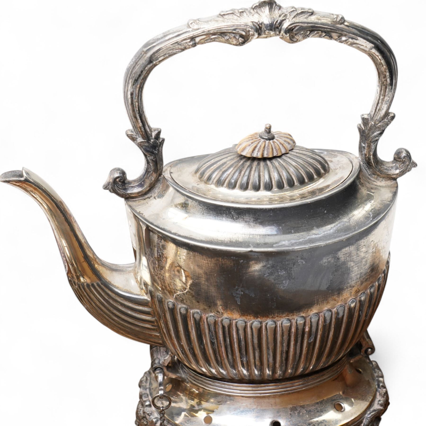 Silver backed hairbrush and comb, plated spirit kettle, other plated items, two Portuguese vases etc