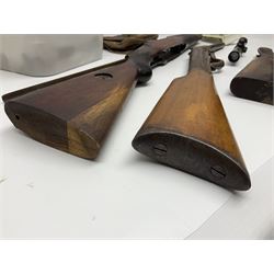 Assorted rifle and pistol spares; early Gem air rifle with sawn off barrel (piece present); telescopic sight; canvas/leather ammunition pouch; Mauser stock; barrel browning solution etc