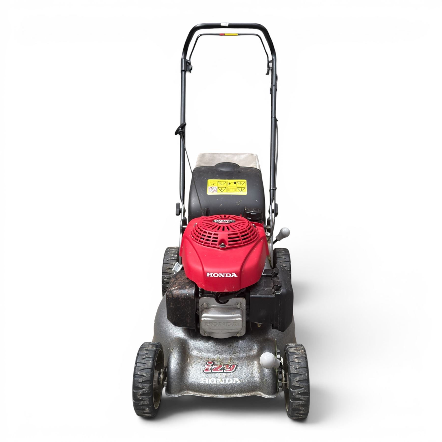 Honda -  GCV160 petrol lawnmower, Izy model, with rear grass collector, grey deck and red engine cover.