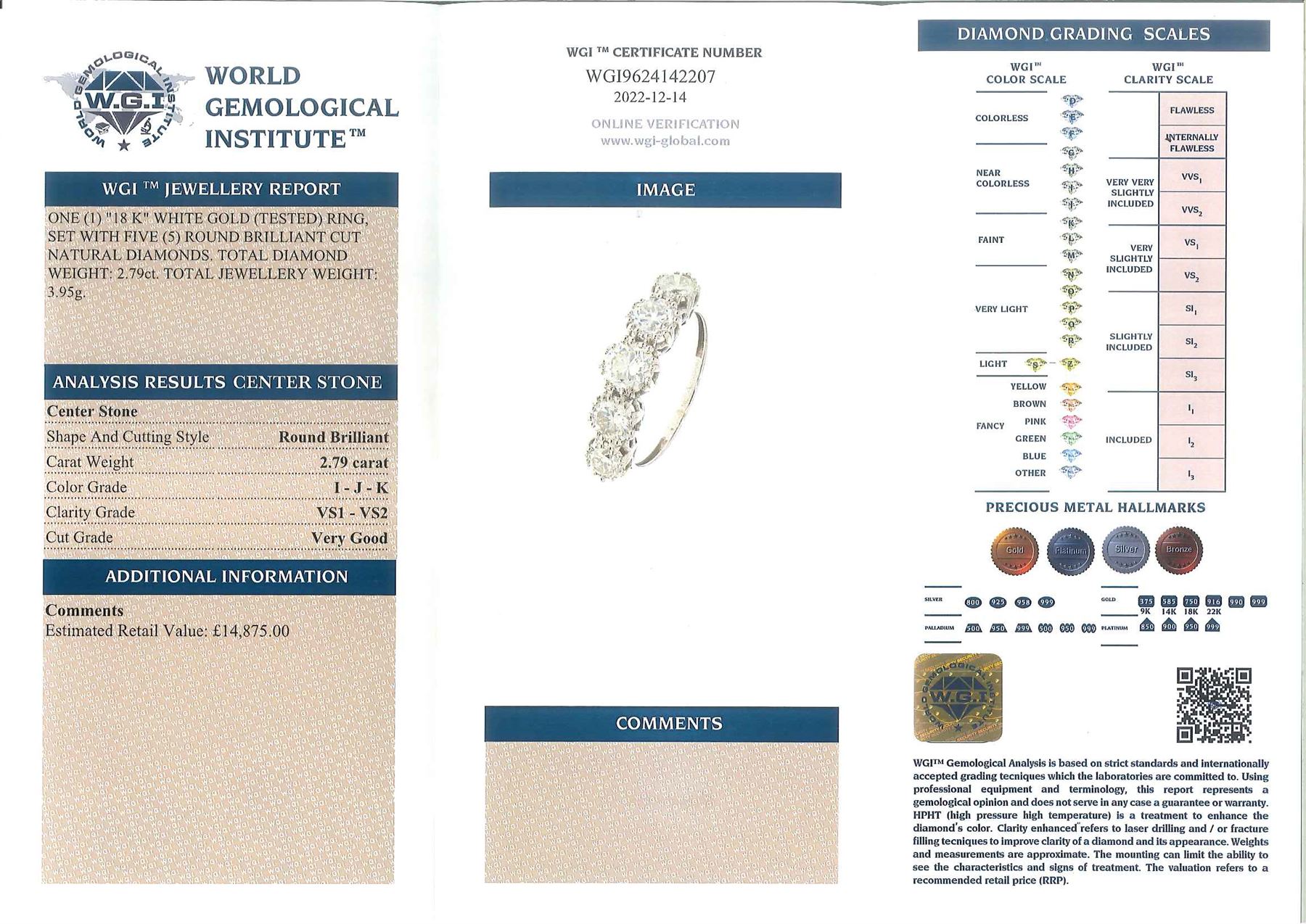 18ct white gold graduating five stone round brilliant cut diamond ring, total diamond weight 2.79 carat, with World Gemological Institute report