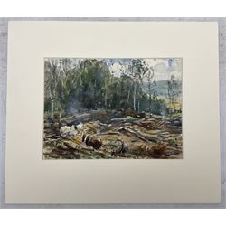 Frederic Stuart Richardson (Staithes Group 1855-1934): 'Hauling Timber above Gatcombe - Long Ashton' Somerset, set three watercolours signed in the margin, titled verso 21cm x 29cm (3) (mounted)