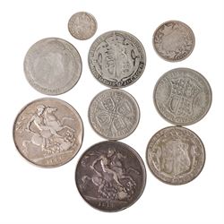 Two Queen Victoria 1889 silver one crown coins, Queen Victoria 1872 one shilling coin, four King George V silver half crown coins, one florin, one shilling, and one threepence (9)