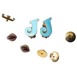 Pair of silver and enamel J clip on earrings, pair of gold cabochon garnet dress studs, silver money clip, gold dress stud and three backs, diamond set stick pin head etc 
