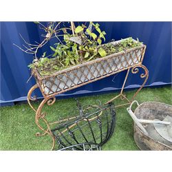 Metal garden rectangular planter on scrolled supports (H72cm), pair black finish wall hanging flower baskets, vintage watering cans, bird bath on stone plinth etc. - THIS LOT IS TO BE COLLECTED BY APPOINTMENT FROM DUGGLEBY STORAGE, GREAT HILL, EASTFIELD, SCARBOROUGH, YO11 3TX