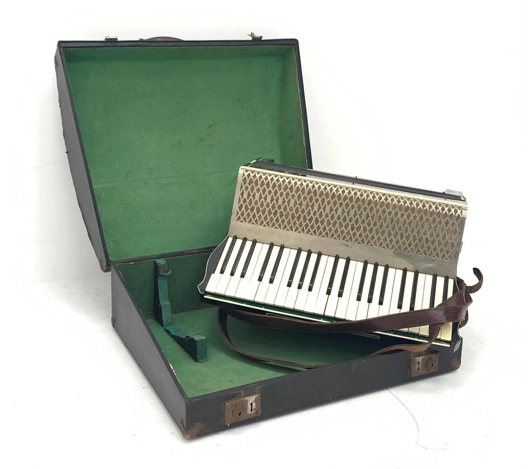 German Mazzini Super piano accordion with decorated black case, twenty-four keys and one hundred and twenty buttons, W51cm, in carrying case