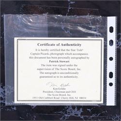 Star Trek Generations 'Two Captains, One Destiny' William Shatner (Captain James T Kirk) and Patrick Stewart (Captain Jean Luc Pickard) limited edition signed photographs, on wooden display board with plaque, limited edition no. 39/995, together with a framed Kate Mulgrew (Captain Janeway) signed photograph, tallest frame H42cm