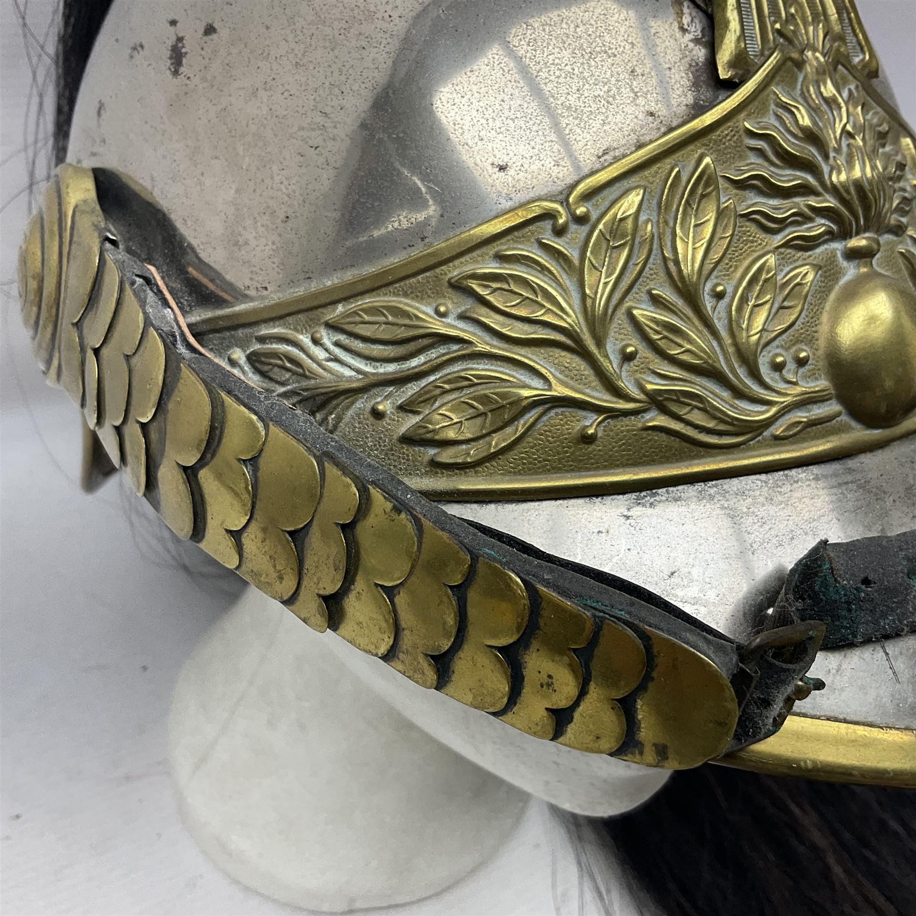 French 1874 Pattern Dragoon trooper's helmet with original liner and extra long criniere; stamped 10 DR with other numbers and Alexis Godilllo to the back of the helmet