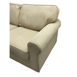 Harrods - traditional shaped two seat sofa bed, upholstered in textured beige fabric