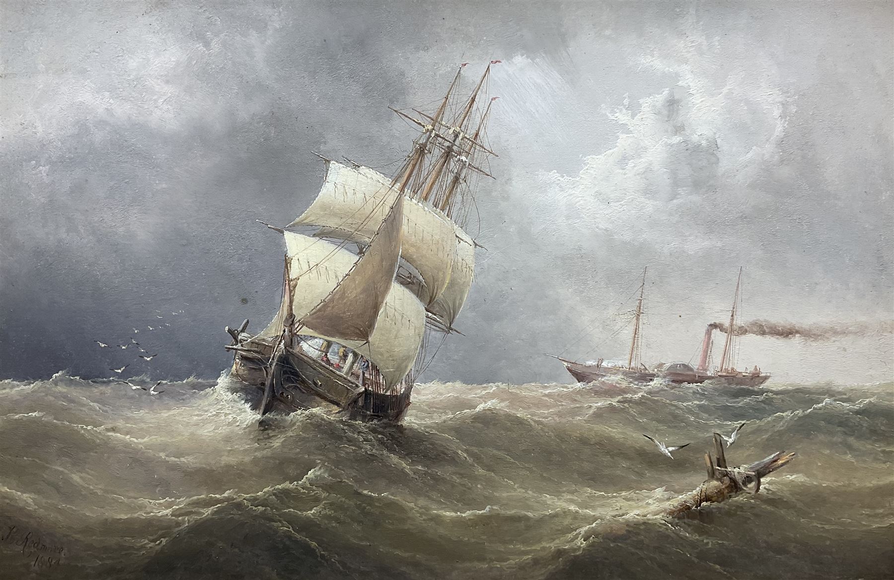 Henry Redmore (British 1820-1887): Sailing Ship and Steamer on Rough Seas, oil on board signed and dated 1884, 34cm x 52cm