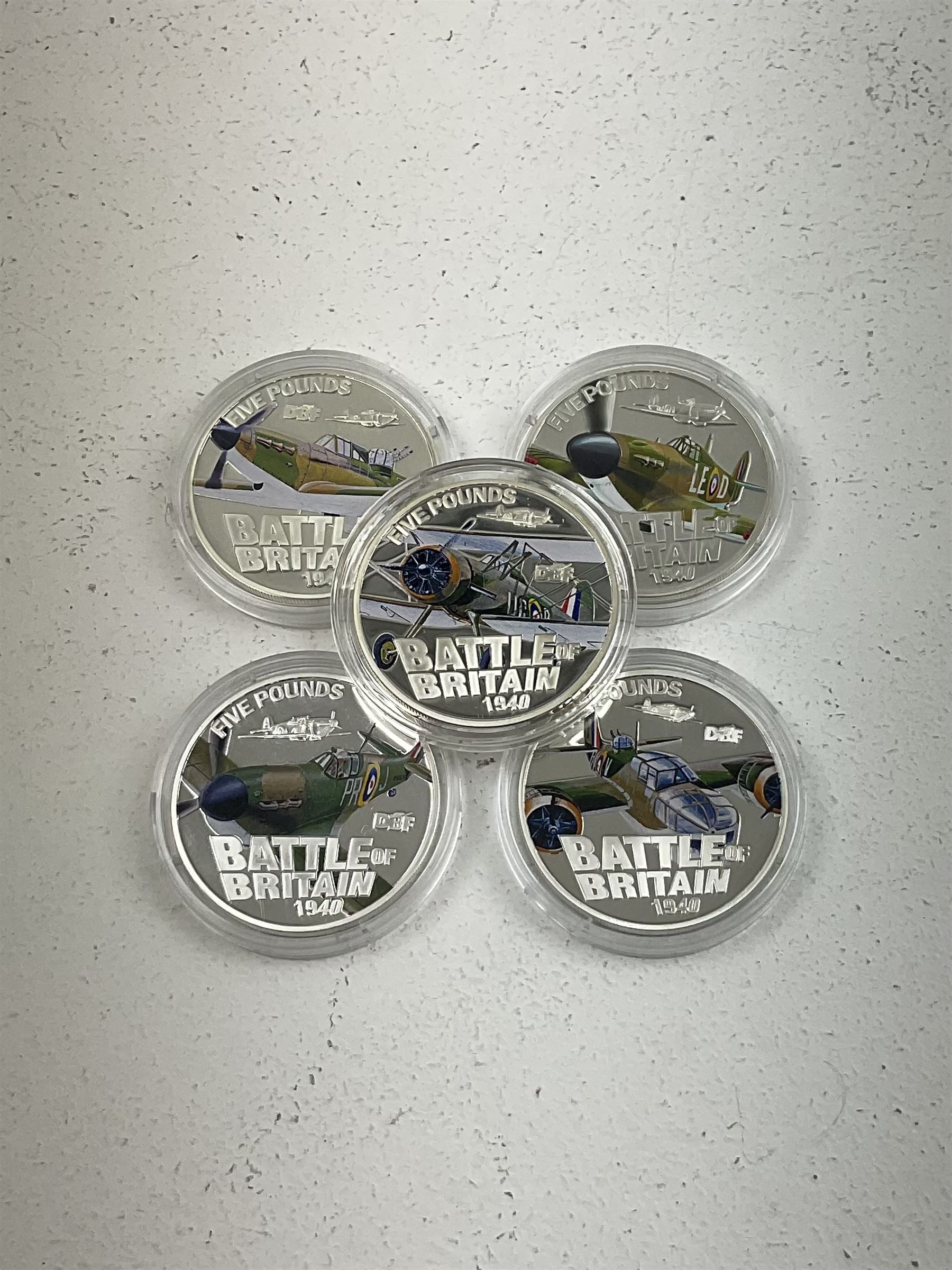 Five Queen Elizabeth II Bailiwick of Guernsey 2010 silver proof five pound coins, from the '70th Anniversary Battle of Britain Silver Coin Collection', some with certificates