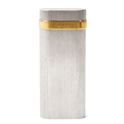 Cartier - silver-tone and gold-tone pocket lighter, with brushed vertical finish, hinged c...