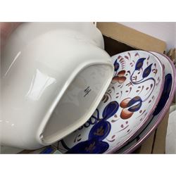 Twin handled cache pot in the style of Herend Hungary, stamped VA Portugal, decorated with birds upon branches, Mason's Ironstone large footed bowl in the Mandarin pattern, Spode Gainsborough bowl, Royal Doulton Bird of Paradise plate c1938 D4602, lustre plates, Aynsley, oriental style lidded vase, Portmeirion, lattice creamware, J & G Meakin Sol, Wedgwood, studio pottery, Spode York Minister boxed plate etc