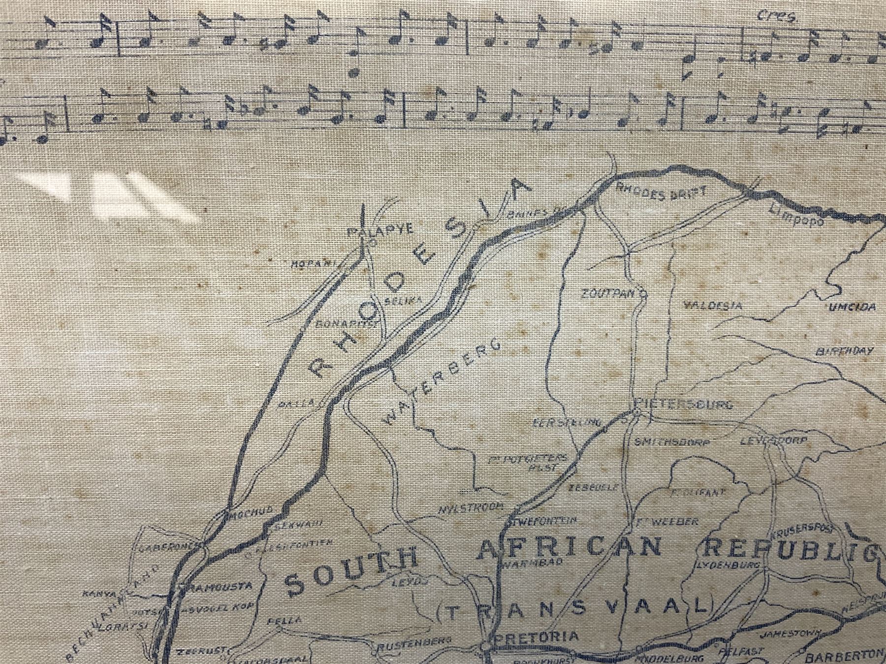 Boer War cotton handkerchief printed with portraits of Lord Roberts and Queen Victoria with a map of Southern Africa and Kipling's The Absent Minded Beggar, framed, handkerchief 44.5 x 43cm