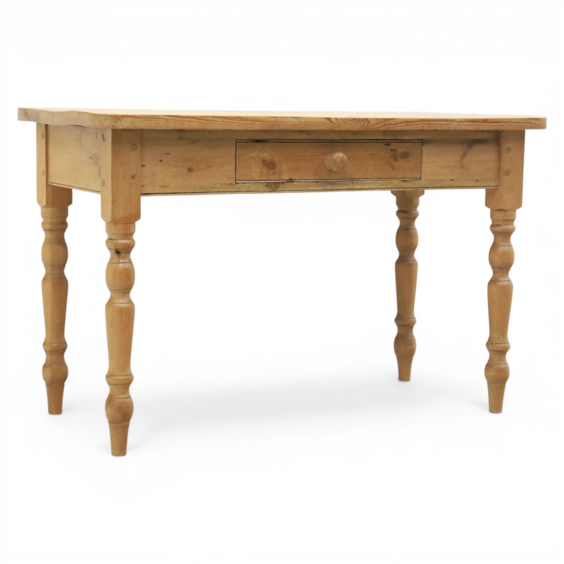 Victorian design stripped pine table, rectangular top with rounded corners, single centre drawer, raised on four turned legs