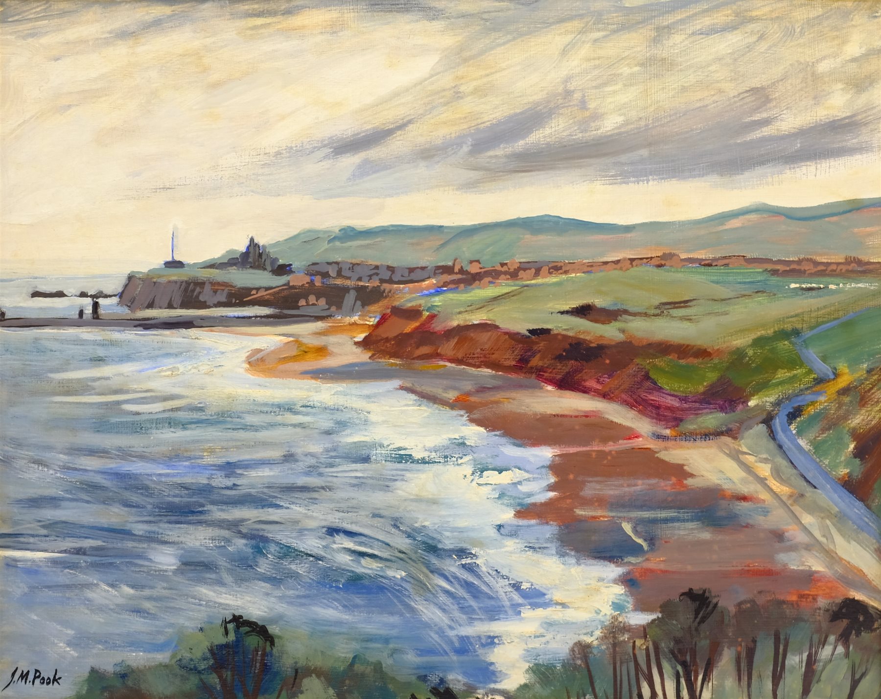 Joan M Pook (British 1927-2011): 'Whitby' from Lythe Bank, oil on board signed, title label verso 34cm x 43cm