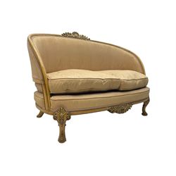 French Louis XV design walnut framed sofa, tub-shaped upholstered back with gilt foliate carved crest, padded seat with twin loose cushions, raised on cabriole supports with shell and acanthus leaf carvings