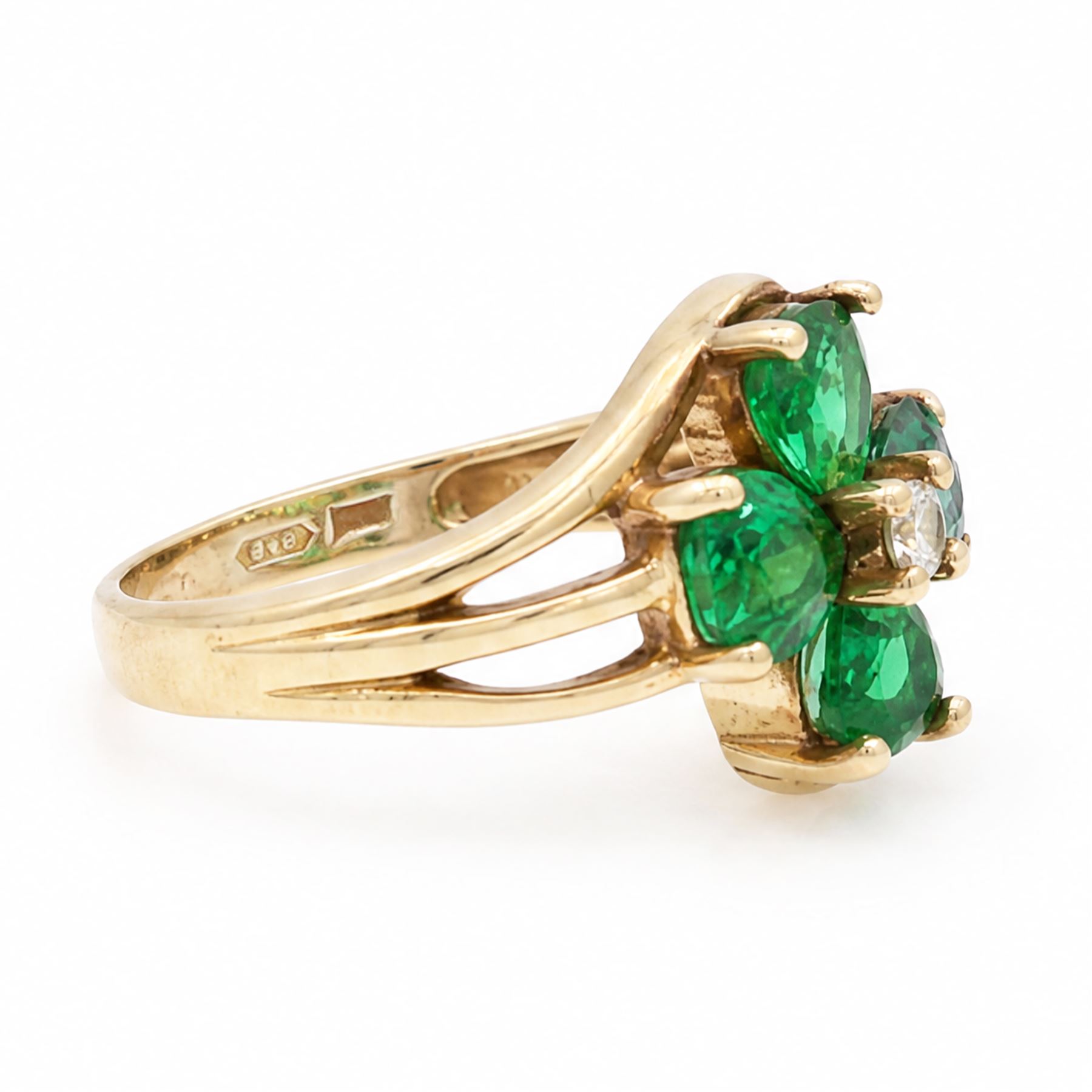 9ct gold green and white paste stone, four leaf clover cluster ring, hallmarked
