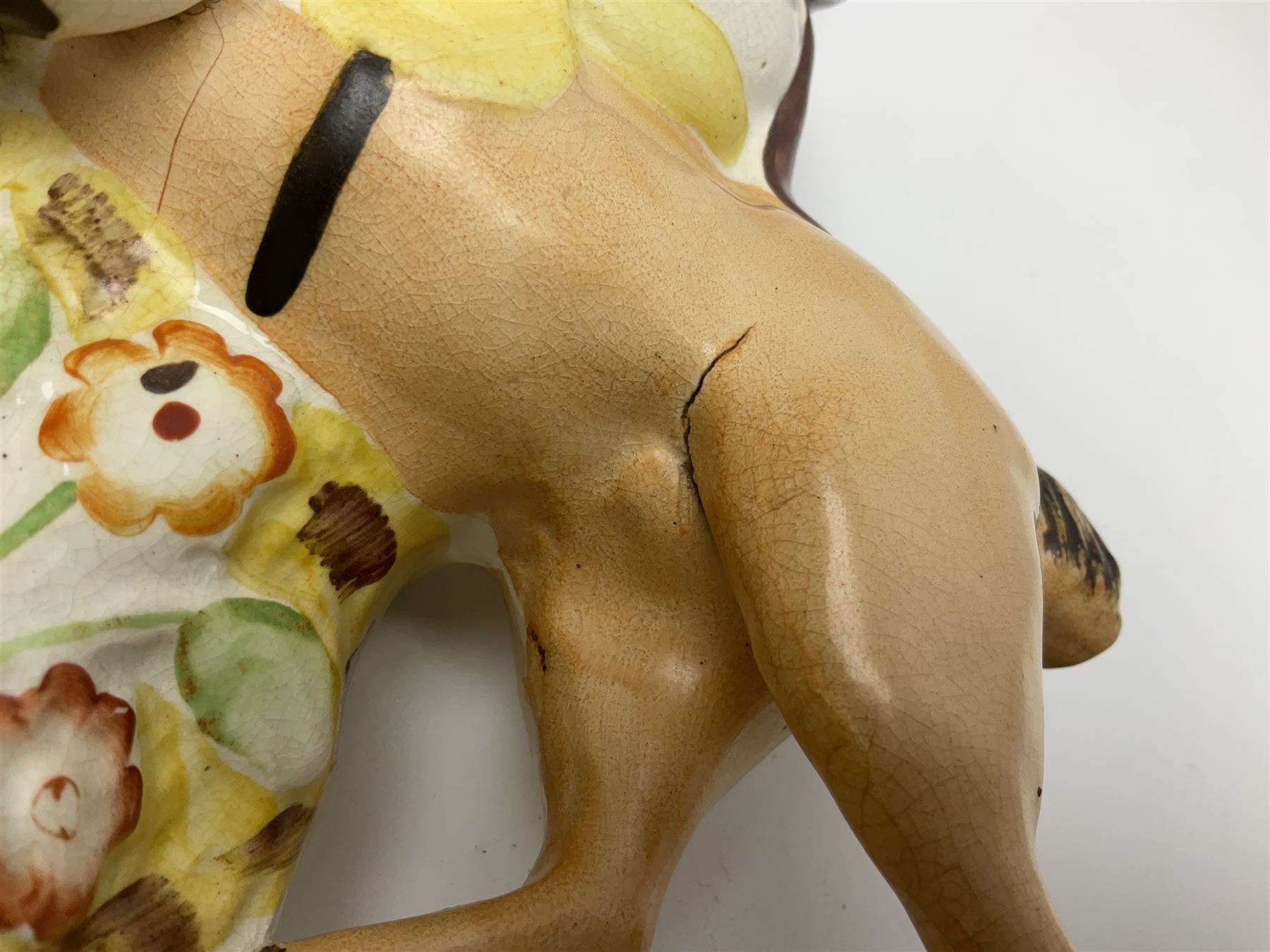 19th century Staffordshire figure of Robert Peel, titled 'Sir Robert Peel', modelled on horseback, atop an oval plinth base featuring a naturalistic and floral design, H30cm 