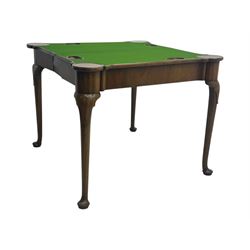 George III mahogany fold-top card table, shaped rectangular top opening to reveal a baize-lined surface, supported by a concertina pull-out concertina rear mechanism, raised on cabriole supports with foliate carvings terminating in pad feet