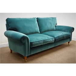  Laura Ashley Kingston three seat sofa, upholstered in sea blue velvet (W213cm) and pair matching armchairs (W100cm)  