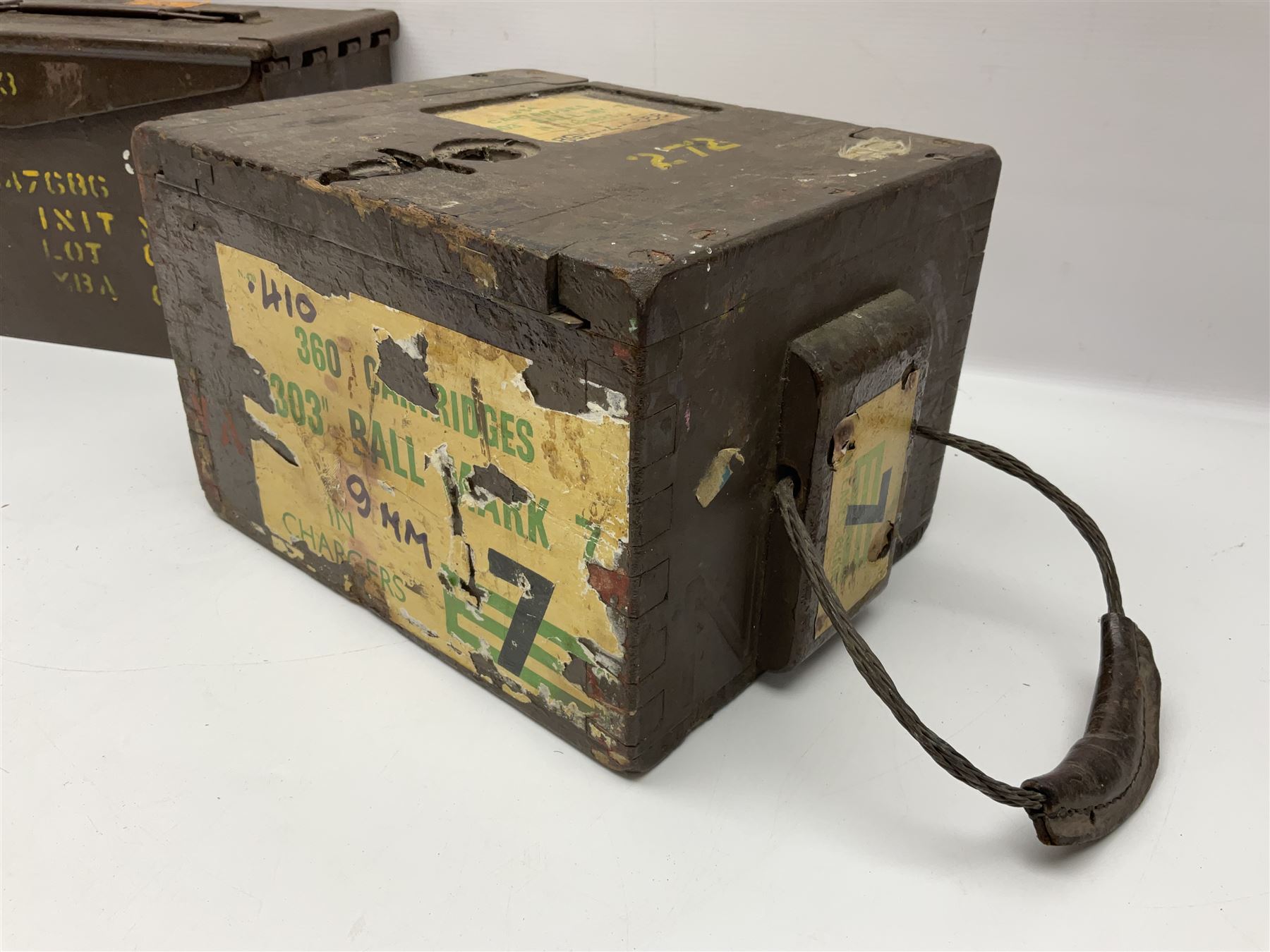 Miscellaneous shooting accessories - W.J. Bowman & Sons clay pigeon launcher; two leather cartridge belts; three cartridge bags; two canvas/leather game bags; and two metal/wooden cartridge boxes