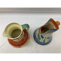 Seven Myott Son & Co hand painted jugs, all with printed mark beneath, H21cm